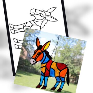 May include: A colorful stained glass donkey with a chain for hanging. The donkey features a patchwork design of red, orange, yellow, blue, and black. A black and white line drawing of the donkey is also shown.