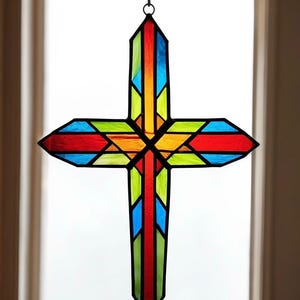 Handmade Stained Glass Cross Suncatcher: Colorful Christian Home Decor