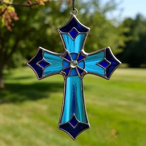 Stained Glass Geometric Cross – Modern Colorful Window Hanging, Abstract Religious Decor, Handmade Glass Art