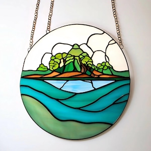 Stained Glass Island Panel memory holiday Tropical Ocean Landscape Wall hanging Decor Sun and Palm Tree Suncatcher kitchen Beach Window Art
