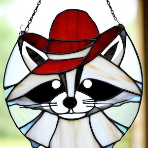 Stained Glass Raccoon Cowboy Western Suncatcher with Hat gray Funny Animal Window Hanging Quirky Rustic Home kid&#39;s Decor Handmade Glass Art