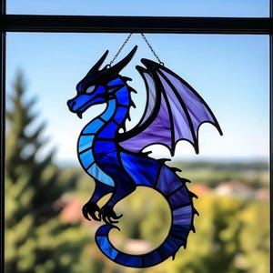 Stained Glass blue Dragon Suncatcher Fantasy Window Hanging Mythical Creature Art Handmade animal Glass Decor Gift for Fantasy Lovers Gamers