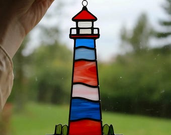 Stained Glass Lighthouse Suncatcher: Handmade Nautical Window Decor