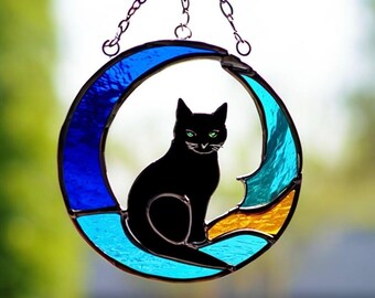 Stained Glass Cat on Moon Suncatcher: Whimsical Window Decor