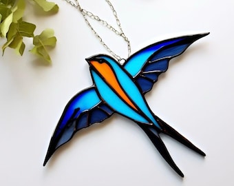 Handmade Stained Glass Swallow Suncatcher: Whimsical Blue Bird Window Art