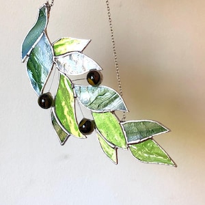 Handmade Stained Glass Branch with Leaves Suncatcher Nature-Inspired Window Decor Leafy Tree Ornament Rustic Botanical Gift, Greenery Home