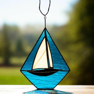 Stained Glass Sailboat Suncatcher: Handcrafted Nautical Window Decor
