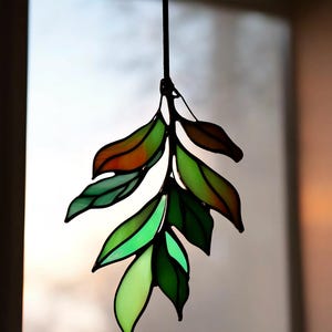 Handmade Stained Glass Branch with Leaves Suncatcher Nature-Inspired Window Decor Leafy Tree Ornament Rustic Botanical Gift, Greenery Home