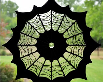 Handcrafted Stained Glass Spider Web corner Suncatcher: Halloween Window Decor