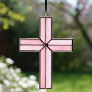 Handcrafted Stained Glass Pink Cross: Elegant Christian Home Decor