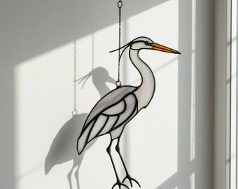 Handmade Stained Glass gray Heron Suncatcher: Colorful Bird Window Decor