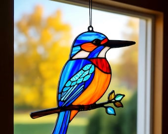 ステンドグラスのカワセミサンキャッチャー：鳥の窓飾り