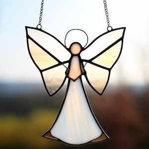 Stained Glass Angel Suncatcher Guardian Angel Window Hanging Handmade Spiritual Decor white Memorial Gift Heavenly Glass Art, Angel Ornament