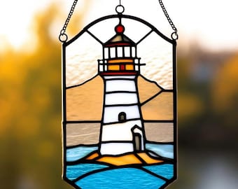 Handcrafted Stained Glass Lighthouse Suncatcher: Coastal Nautical Decor
