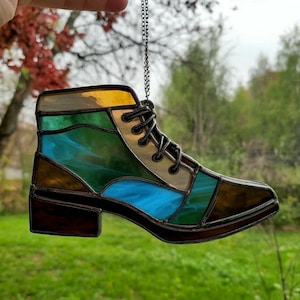 Stained Glass Shoe Suncatcher: Handmade Blue Boot Window Hanging