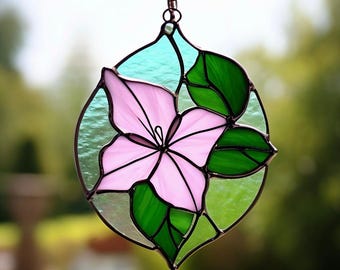 Vitrail rose attrape-soleil Morning Glory : tenture florale artisanale pour fenêtre