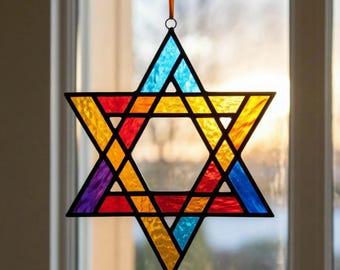 Acchiappasole a forma di stella di David in vetro colorato: ornamento per finestra fatto a mano con motivi ebraici