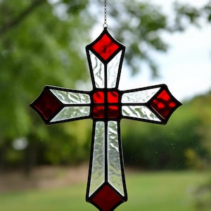 Stained Glass Geometric Cross – Modern Colorful Window Hanging, Abstract Religious Decor, Handmade Glass Art