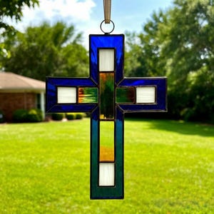 Stained Glass Geometric Cross – Modern Colorful Window Hanging, Abstract Religious Decor, Handmade Glass Art