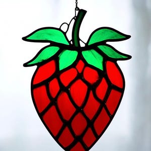 Stained Glass red Strawberry Suncatcher Handmade Fruit Decor Unique Kitchen Decoration Summer Window Art Gift nature Garden and Berry Lovers