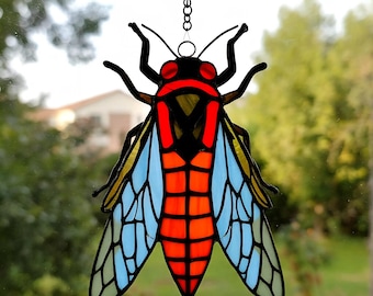 Stained Glass Cicada Suncatcher – Insect Window Hanging, Symbol of Transformation, Handmade Glass Bug Decor