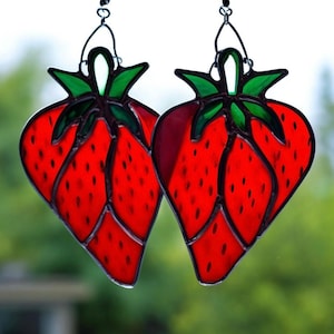 Set of 2 Stained Glass red Strawberry Suncatcher Handmade Fruit Decor Unique Kitchen Decoration Summer Window Gift nature Garden Berry Lover