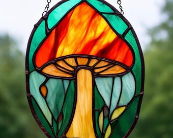 Gebrandschilderd glas met paddenstoel: handgemaakt, grillig bosdecor