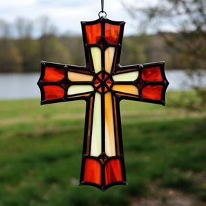 Stained Glass Geometric Cross – Modern Colorful Window Hanging, Abstract Religious Decor, Handmade Glass Art