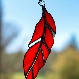 Red Stained Glass Feather Suncatcher: Handmade Boho Window Decor