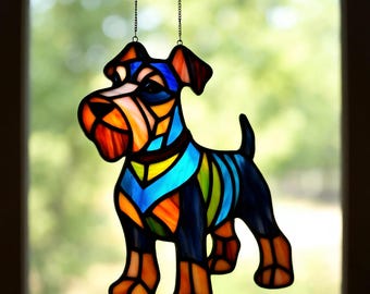 Stained Glass Schnauzer Dog Suncatcher – Handmade Pet Portrait Window Hanging Gift