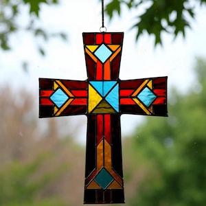 Stained Glass Geometric Cross – Modern Colorful Window Hanging, Abstract Religious Decor, Handmade Glass Art