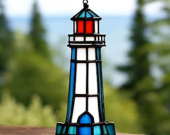 Handcrafted Stained Glass Lighthouse Suncatcher: Coastal Window Decor