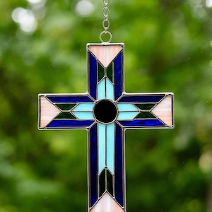 Stained Glass Geometric Cross – Modern Colorful Window Hanging, Abstract Religious Decor, Handmade Glass Art