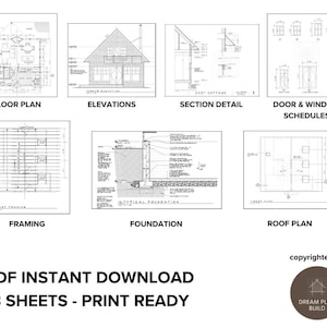 Detailed blueprint plan for a luxury cabin or tiny house. Includes modern architectural designs for A-frame cabins, cottages and barndominiums
