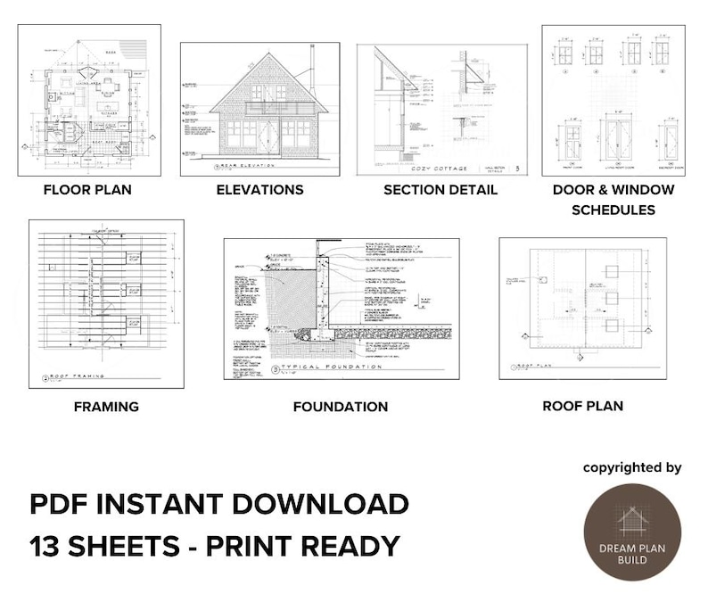 Detailed blueprint plan for a luxury cabin or tiny house. Includes modern architectural designs for A-frame cabins, cottages and barndominiums
