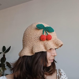 Crochet Cherry Bucket Hat, Handmade Cottagecore Hat, Summer Sun Hat