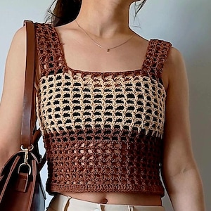 Crochet Mesh Top, Brown Colorblock Sleeveless Shirt, Handmade Lightweight Boho Crop Top, Summer Festival Outfit