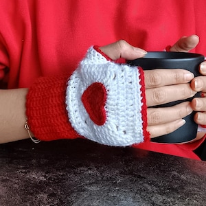 Crochet Fingerless Gloves with Heart Design – Handmade Soft and Cozy Valentine&#39;s Day Mittens
