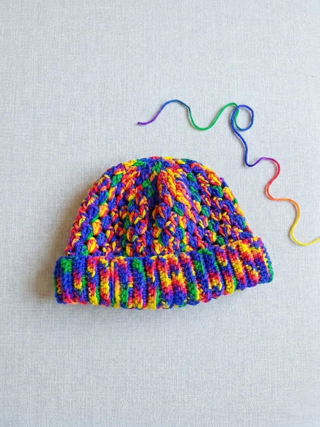 Handmade Rainbow Crochet Beanie, Variegated Yarn Winter Hat  display picture 2