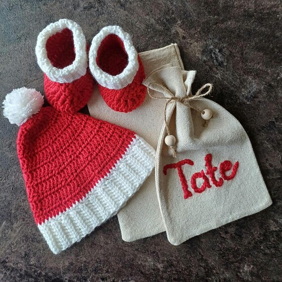 Personalized Crochet Christmas Baby Beanie and Booties: Santa Gift