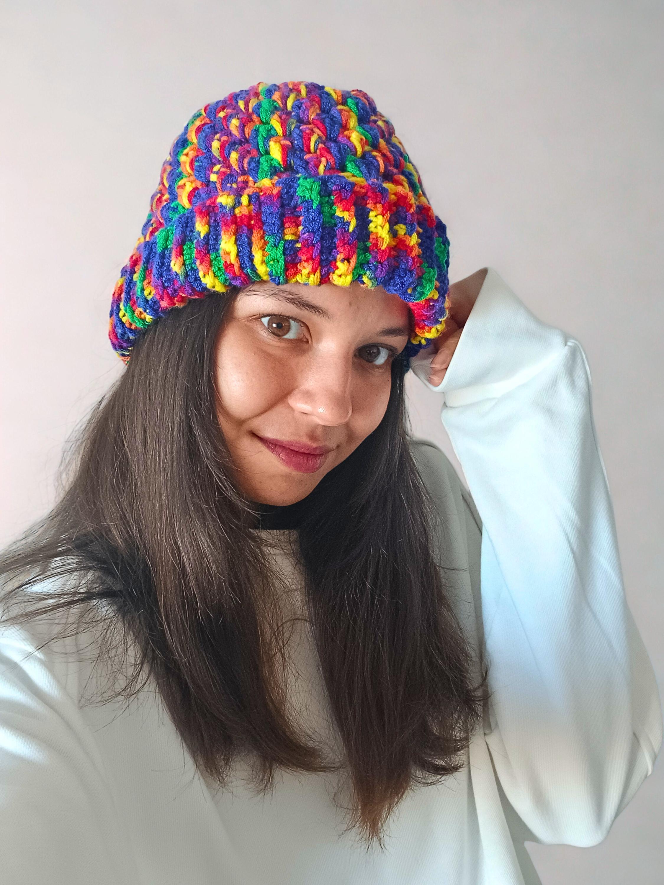 Handmade Crochet Rainbow Beanie Hat Merino Wool Variegated Knit Winter Cap‎ NEW Handmade Rainbow Crochet Beanie, Variegated Yarn Winter Hat  main image 2
