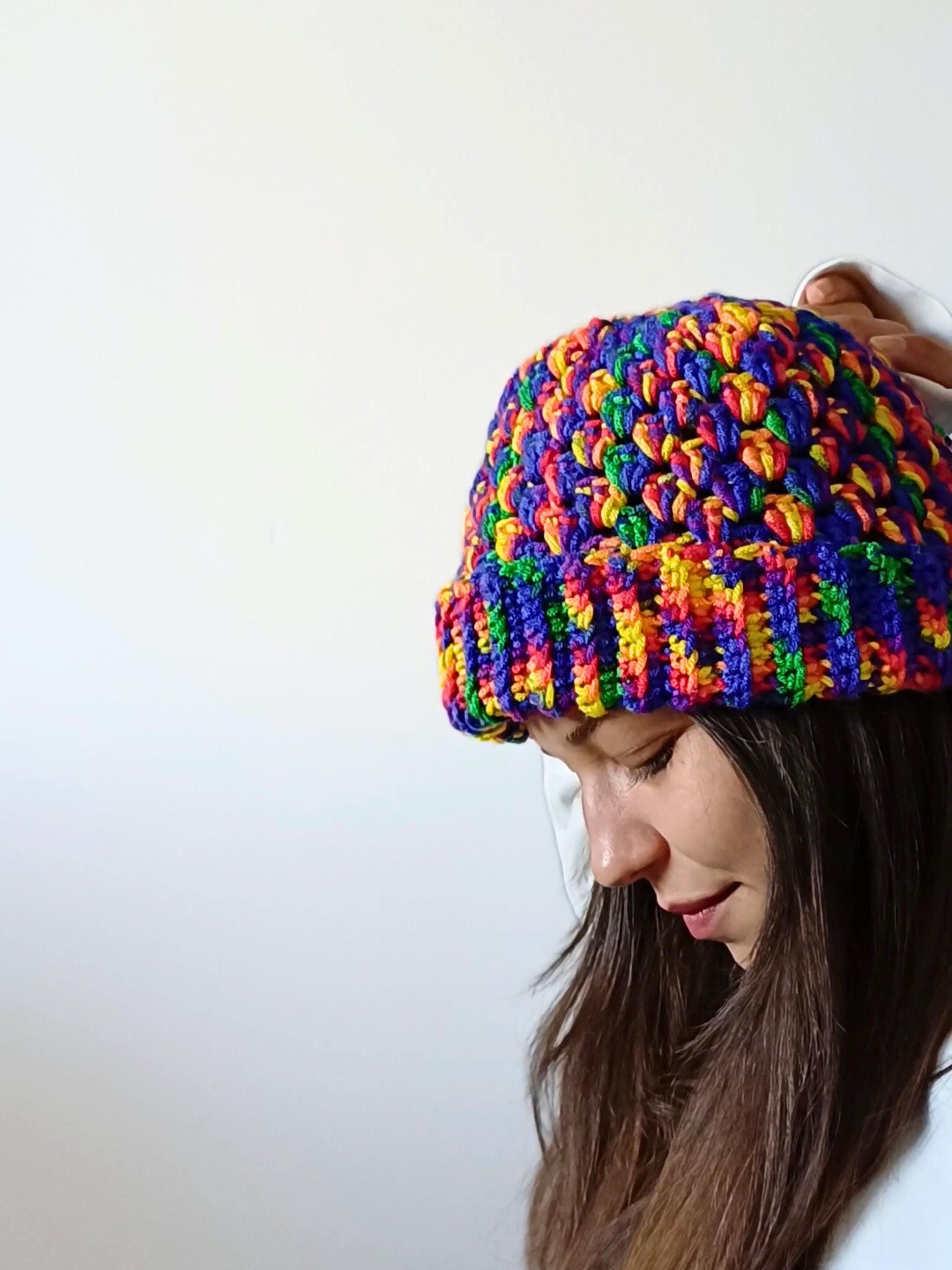 Handmade Rainbow Crochet Beanie, Variegated Yarn Winter Hat 