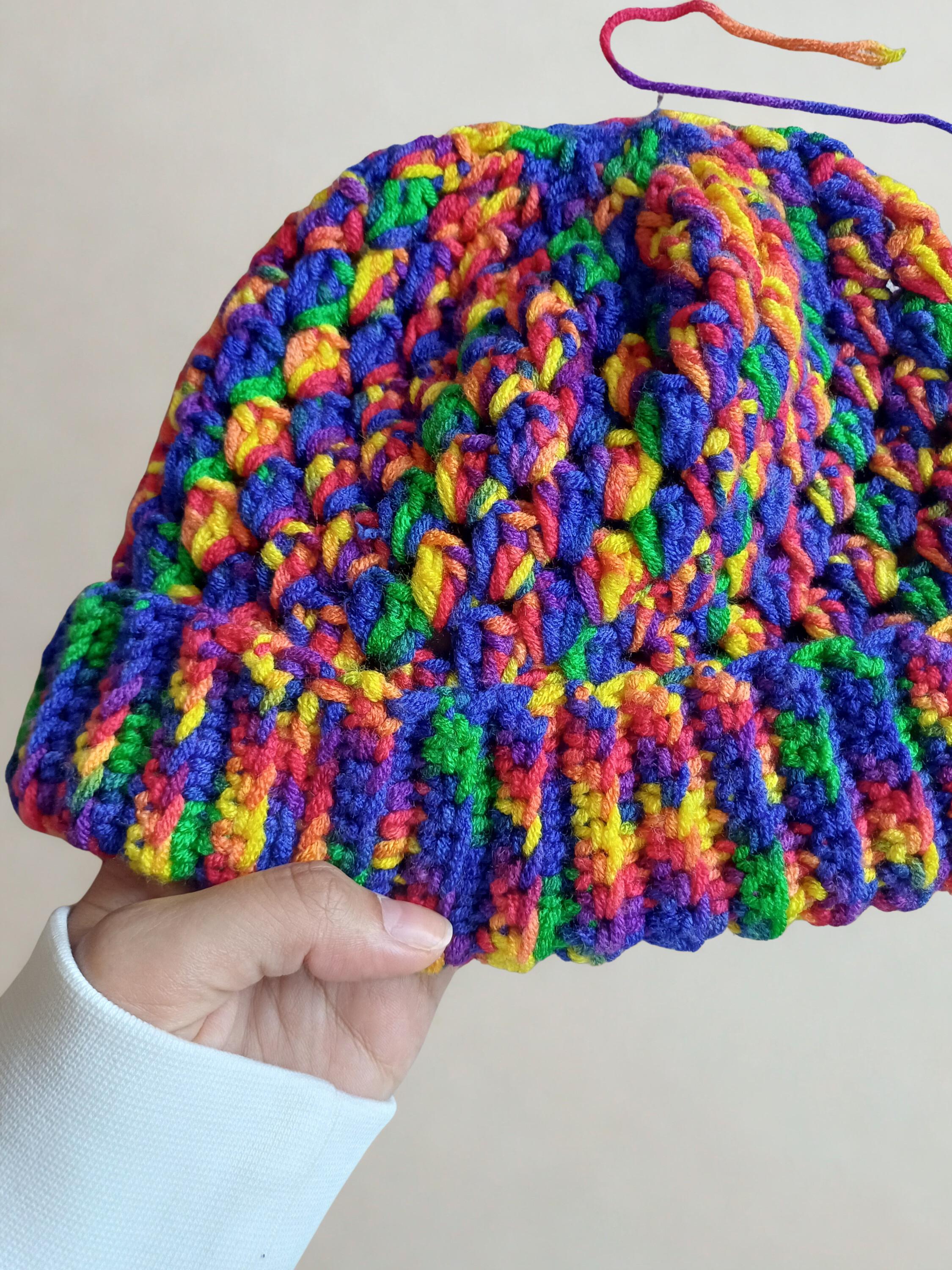 Handmade Crochet Rainbow Beanie Hat Merino Wool Variegated Knit Winter Cap‎ NEW Handmade Rainbow Crochet Beanie, Variegated Yarn Winter Hat  main image 3
