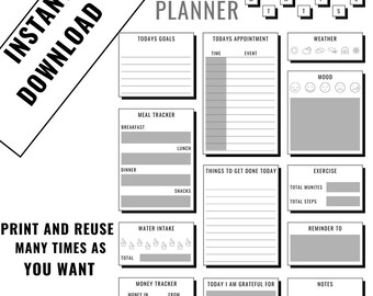 Planificador diario minimalista imprimible / Lista de tareas A4 en PDF y registro de hábitos / Organizador de productividad, presupuesto y planificación de comidas