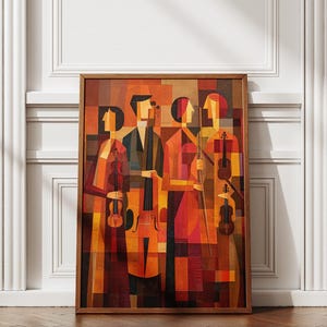 May include: A framed abstract painting of a string quartet. The artwork features four stylized figures holding violins and a cello, rendered in geometric shapes and warm colors like orange, red, and brown. The painting is in a wooden frame.