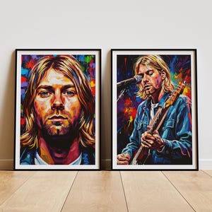May include: Two framed art prints. One features a portrait of a man with long blonde hair, the other shows the same man playing a guitar and singing into a microphone. Both prints have a colorful, abstract style.