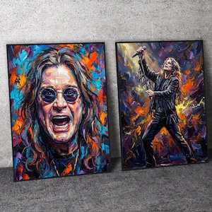 Könnte beinhalten: Zwei gerahmte Kunstdrucke mit lebendigen, expressionistischen Porträts. Einer zeigt einen Mann mit runder Sonnenbrille, offenem Mund und langem Haar. Der andere zeigt einen Mann in schwarzer Kleidung, der ein Mikrofon hält und auf der Bühne auftritt.