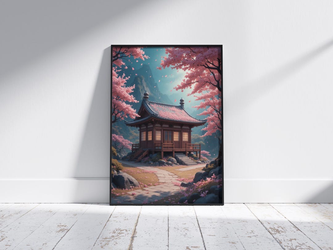 Japanese Temple Wall Art Print | Cherry Blossom Zen Landscape | Asian ...