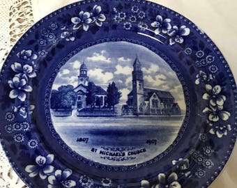 Blue White  Flow Blue Transferware Plate Souvenir Plate 1807-1907 St. Michael's Church Plummer New York Co  Spode's Tower England China