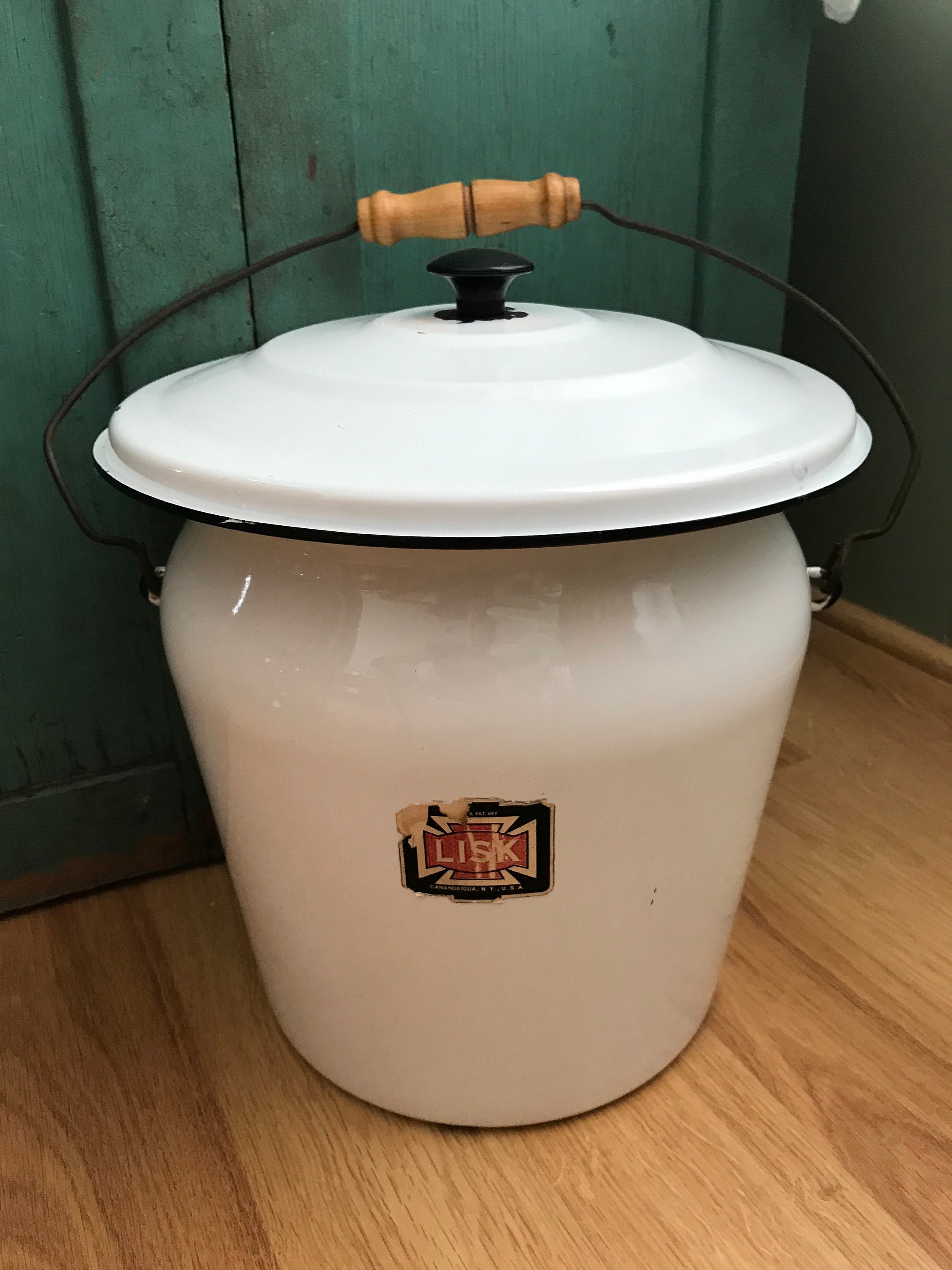 White Enamelware Bucket Enamel ware Trash Can Compost Waste Etsy
